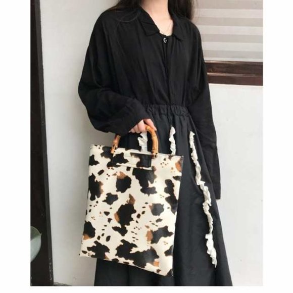 Cow Print Mini Tote Bag 14" x 12" Faux Leather Handbag - Picture 14 of 16